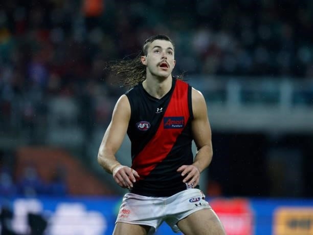 Sam Draper of the Bombers in action during the 2021 AFL First Elimination Final match between the Western Bulldogs and the Essendon Bombers at...