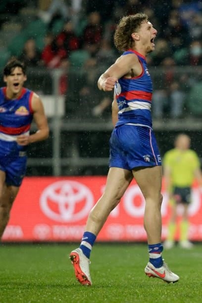 Aaron Naughton of the Bulldogs celebrates a goal during the 2021 AFL First Elimination Final match between the Western Bulldogs and the Essendon...