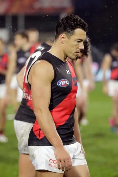 Dylan Shiel of the Bombers reacts after a loss during the 2021 AFL First Elimination Final match between the Western Bulldogs and the Essendon...