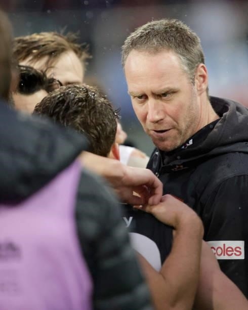 Ben Rutten, Senior Coach of the Bombers addresses his players during the 2021 AFL First Elimination Final match between the Western Bulldogs and the...