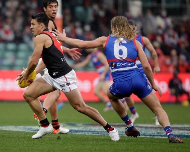 Dylan Shiel of the Bombers in action during the 2021 AFL First Elimination Final match between the Western Bulldogs and the Essendon Bombers at...