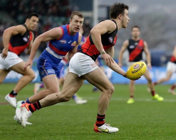 Zach Merrett of the Bombers in action during the 2021 AFL First Elimination Final match between the Western Bulldogs and the Essendon Bombers at...