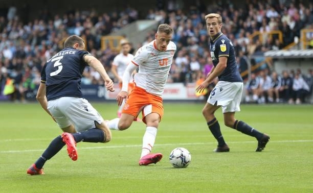 Blackpool's Jerry Yates gets into the Millwall penalty area during the Sky Bet Championship match between Millwall and Blackpool at The Den on August...