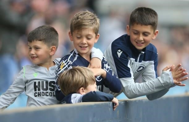 Young Millwall fans during the Sky Bet Championship match between Millwall and Blackpool at The Den on August 28, 2021 in London, England.