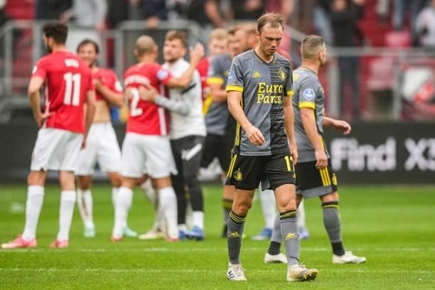 Fredrik Aursnes of Feyenoord is disappointed with the loss during the Dutch Eredivisie match between FC Utrecht and Feyenoord at Stadion Galgenwaard...