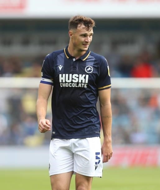 Millwall's Jake Cooper during the Sky Bet Championship match between Millwall and Blackpool at The Den on August 28, 2021 in London, England.