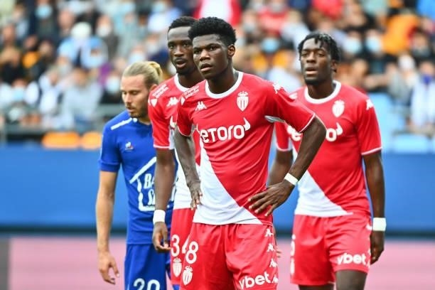 Aurelien TCHOUAMENI of Monaco during the Ligue 1 Uber Eats match between Troyes and Monaco at Stade de l'Aube on August 29, 2021 in Troyes, France.