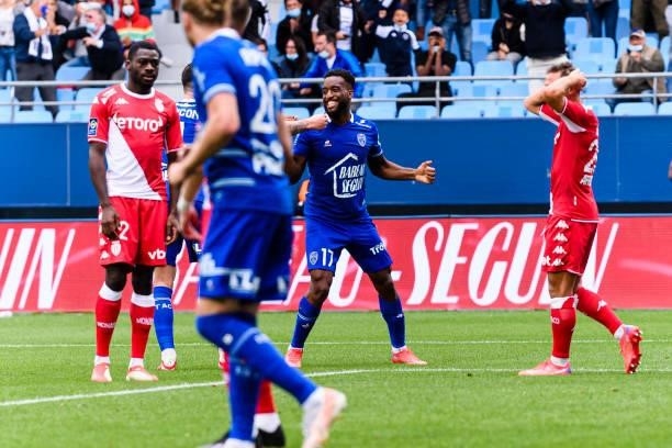 Yoann Salmier of Troyes celebrates a goal during the Ligue 1 Uber Eats match between Troyes and Monaco at Stade de l'Aube on August 29, 2021 in...