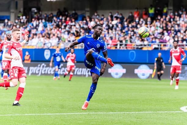Mama Balde of Troyes attempts a kick during the Ligue 1 Uber Eats match between Troyes and Monaco at Stade de l'Aube on August 29, 2021 in Troyes,...