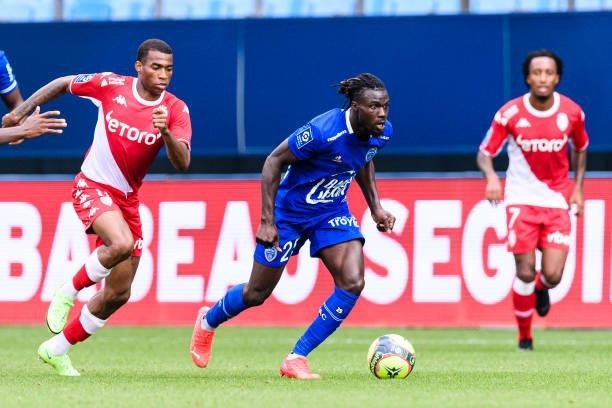 Mama Balde of Troyes in action during the Ligue 1 Uber Eats match between Troyes and Monaco at Stade de l'Aube on August 29, 2021 in Troyes, France.