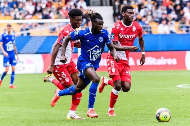 Mama Balde of Troyes runs with the ball during the Ligue 1 Uber Eats match between Troyes and Monaco at Stade de l'Aube on August 29, 2021 in Troyes,...
