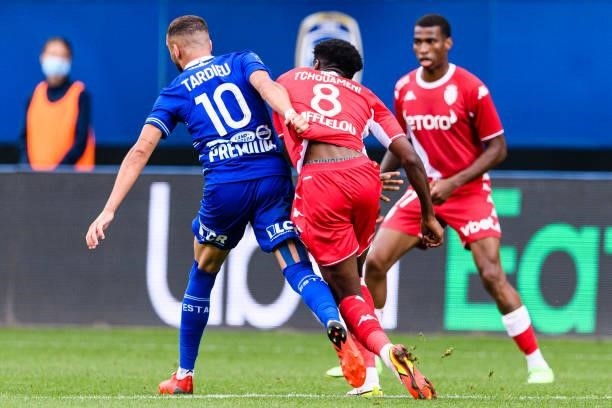 Florian Tardieu of Troyes fights for the ball with Aurelien Tchouameni of AS Monaco during the Ligue 1 Uber Eats match between Troyes and Monaco at...