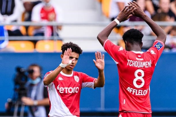 Sofiane Diop of AS Monaco celebrating his goal with his teammate Aurelien Tchouameni of AS Monaco during the Ligue 1 Uber Eats match between Troyes...