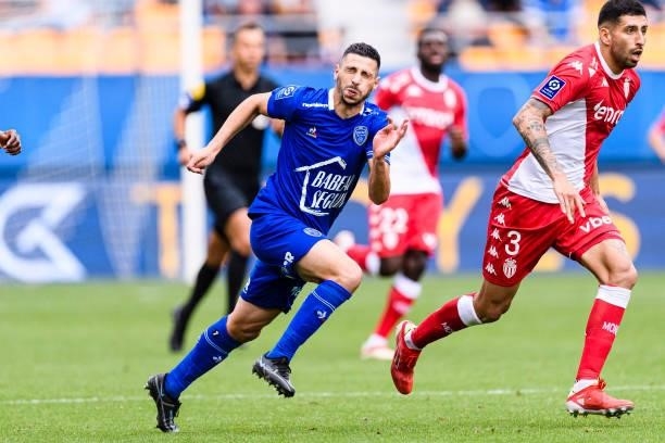 Yoann Touzghar of Troyes runs in the field during the Ligue 1 Uber Eats match between Troyes and Monaco at Stade de l'Aube on August 29, 2021 in...