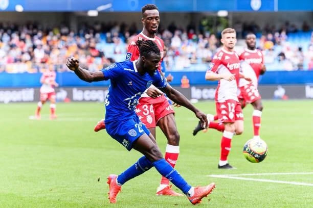 Mama Balde of Troyes passes the ball during the Ligue 1 Uber Eats match between Troyes and Monaco at Stade de l'Aube on August 29, 2021 in Troyes,...