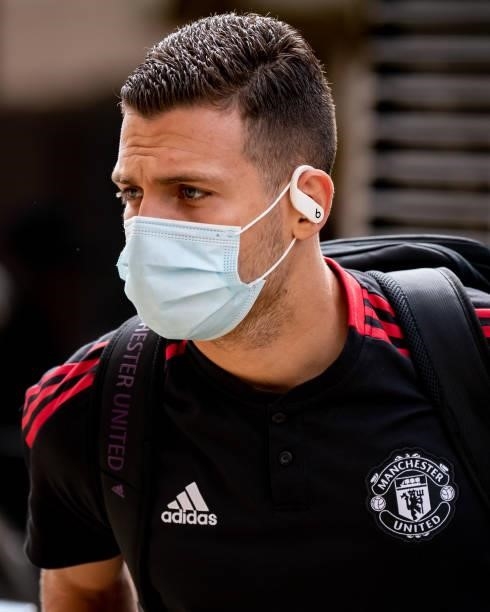 Diogo Dalot of Manchester United arrives prior to the Premier League match between Wolverhampton Wanderers and Manchester United at Molineux on...