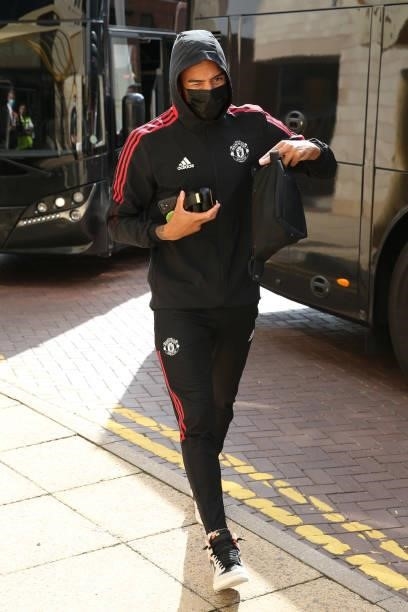 Mason Greenwood of Manchester United arrives prior to the Premier League match between Wolverhampton Wanderers and Manchester United at Molineux on...