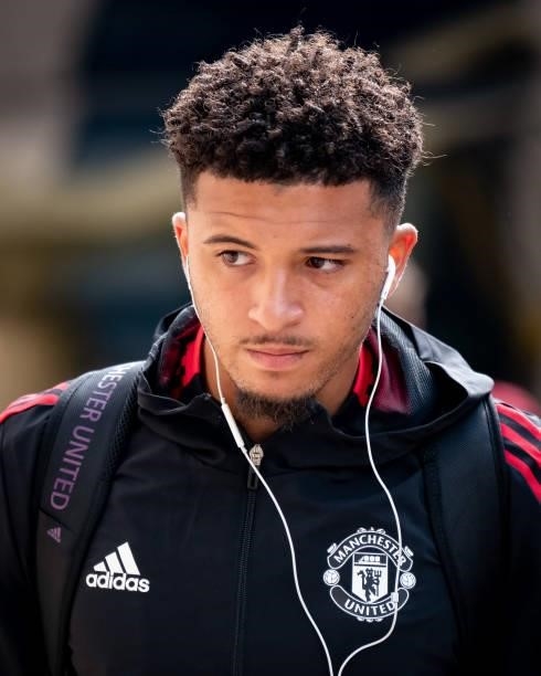 Jadon Sancho of Manchester United arrives prior to the Premier League match between Wolverhampton Wanderers and Manchester United at Molineux on...