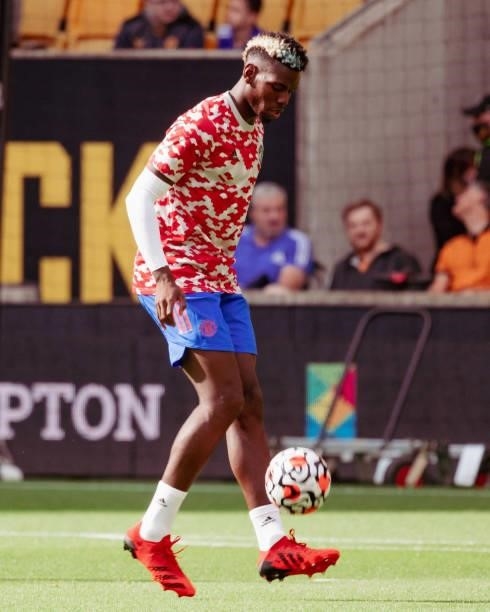 Paul Pogba of Manchester United warms up prior to the Premier League match between Wolverhampton Wanderers and Manchester United at Molineux on...