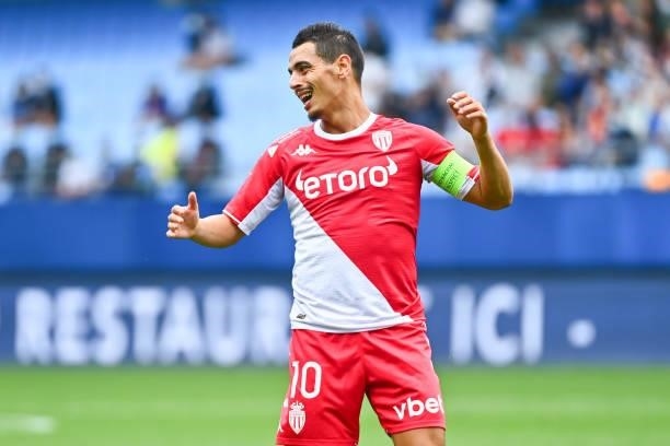 Wissam BEN YEDDER of Monaco reacts during the Ligue 1 Uber Eats match between Troyes and Monaco at Stade de l'Aube on August 29, 2021 in Troyes,...