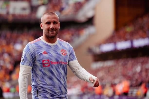Luke Shaw of Manchester United looks on during the Premier League match between Wolverhampton Wanderers and Manchester United at Molineux on August...