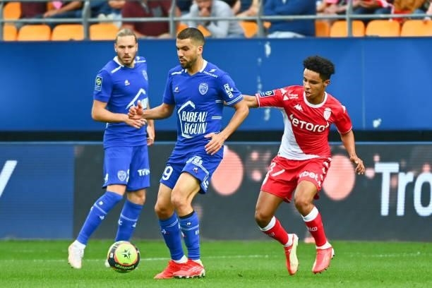 Oualid EL HAJJAM of Troyes and Sofiane DIOP of Monaco during the Ligue 1 Uber Eats match between Troyes and Monaco at Stade de l'Aube on August 29,...