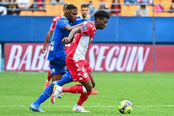 Rominigue KOUAME of Troyes and Aurelien TCHOUAMENI of Monaco during the Ligue 1 Uber Eats match between Troyes and Monaco at Stade de l'Aube on...