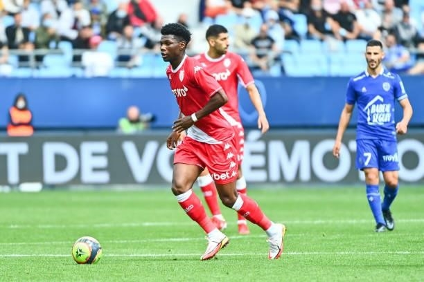 Aurelien TCHOUAMENI of Monaco during the Ligue 1 Uber Eats match between Troyes and Monaco at Stade de l'Aube on August 29, 2021 in Troyes, France.
