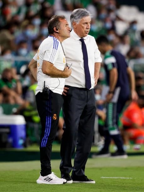 Goalkeeper coach Luis Llopis of Real Madrid, coach Carlo Ancelotti of Real Madrid during the La Liga Santander match between Real Betis Sevilla v...