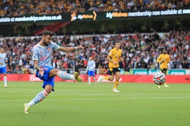 Bruno Fernandes of Manchester United scores a goal before seeing it disallowed for offside during the Premier League match between Wolverhampton...