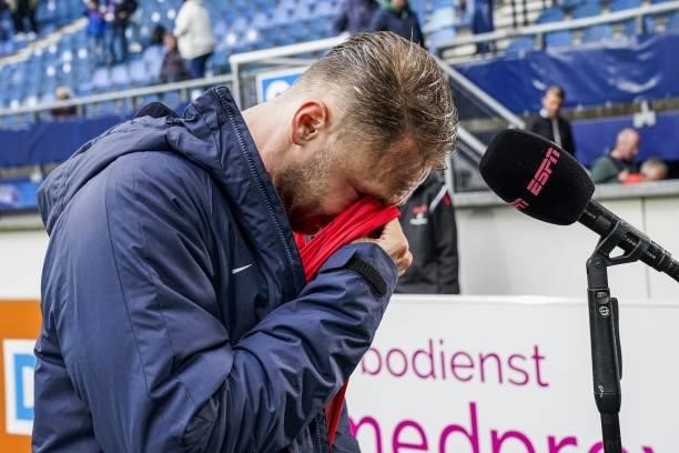 HeereNVEEN - Teun Koopmeiners of AZ has tears in his eyes after the Dutch Eredivisie match between sc Heerenveen and AZ at the Abe Lenstra Stadium on...