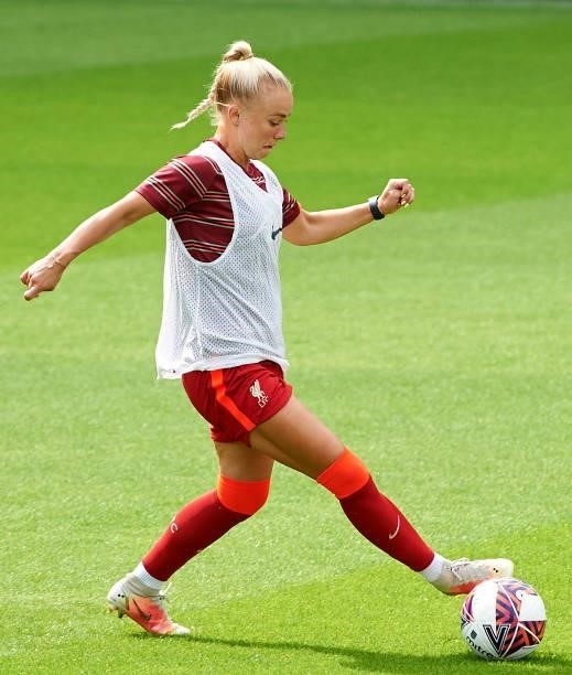 Ashley Hodson of Liverpool FC Women during the warm-up at Prenton Park on August 29, 2021 in Birkenhead, England.