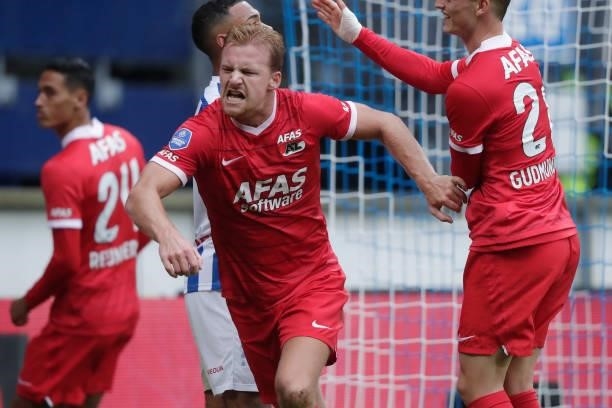 Dani de Wit of AZ Alkmaar celebrates 1-3 during the Dutch Eredivisie match between SC Heerenveen v AZ Alkmaar at the Abe Lenstra Stadium on August...