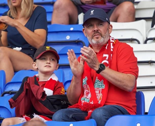 Fans of Liverpool FC Women during the game at Prenton Park on August 29, 2021 in Birkenhead, England.