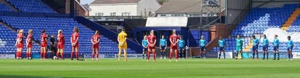 The players of Liverpool FC Women and London City Lionesses during a minute silence for all those lost during the pandemic at Prenton Park on August...