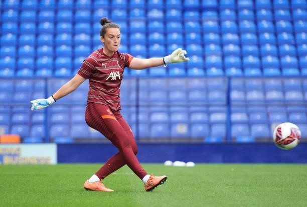 Rachael Laws of Liverpool FC Women during the warm-up at Prenton Park on August 29, 2021 in Birkenhead, England.