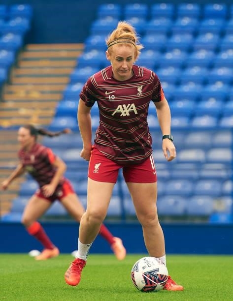 Rachel Furness of Liverpool FC Women during the warm-up at Prenton Park on August 29, 2021 in Birkenhead, England.