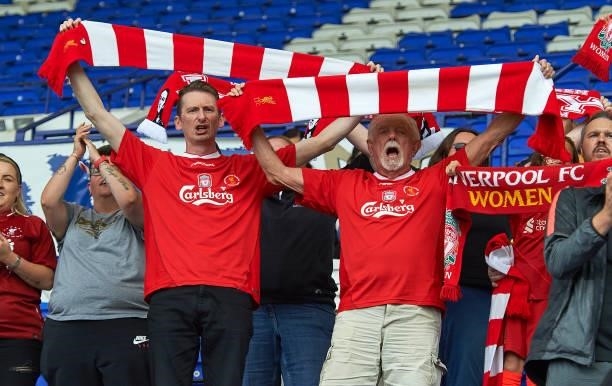 Fans of Liverpool FC Women during the game at Prenton Park on August 29, 2021 in Birkenhead, England.
