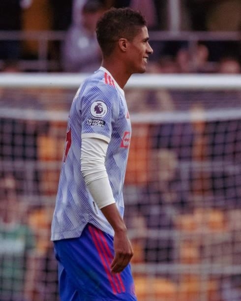 Raphael Varane of Manchester United reacts during the Premier League match between Wolverhampton Wanderers and Manchester United at Molineux on...