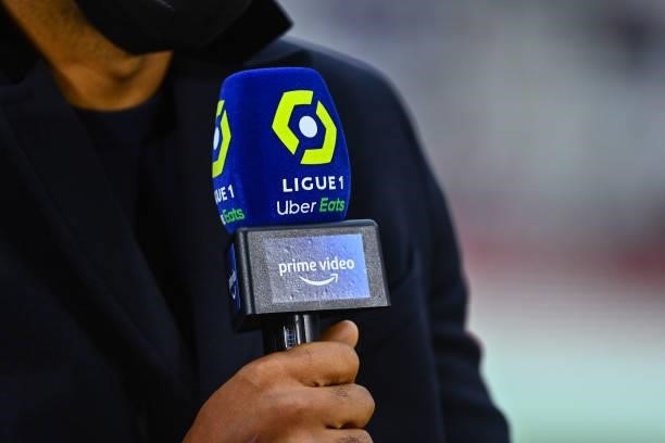 Illustration picture shows prime video logo on the micro during the Ligue 1 Uber Eats match between Reims and Paris Saint Germain at Stade Auguste...