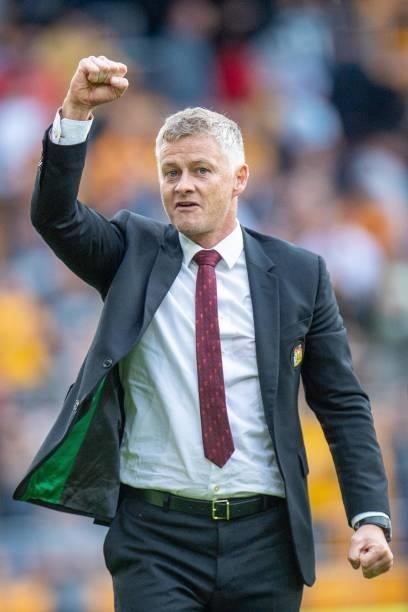 Manager Ole Gunnar Solskjaer of Manchester United celebrates during the Premier League match between Wolverhampton Wanderers and Manchester United at...