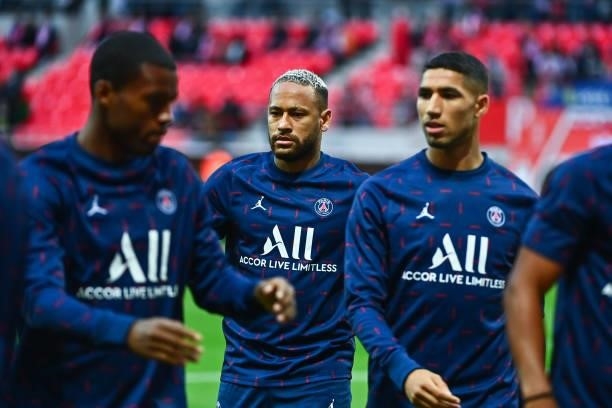 Of PSG and Achraf HAKIMI of PSG during the Ligue 1 Uber Eats match between Reims and Paris Saint Germain at Stade Auguste Delaune on August 29, 2021...