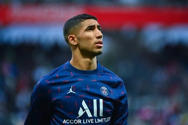 Achraf HAKIMI of PSG during the Ligue 1 Uber Eats match between Reims and Paris Saint Germain at Stade Auguste Delaune on August 29, 2021 in Reims,...