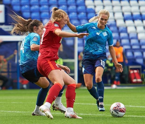 Rianna Dean of Liverpool FC Women and Charlotte Fleming of London City Lionesses in action during the Barclays FA Women's Championship match between...