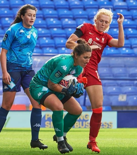 Ceri Holland of Liverpool FC Women and Shae Yanez of London City Lionesses in action during the Barclays FA Women's Championship match between...