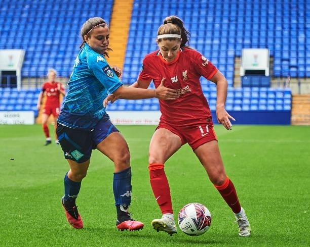 Carla Humphrey of Liverpool FC Women and Charlotte Fleming of London City Lionesses in action during the Barclays FA Women's Championship match...