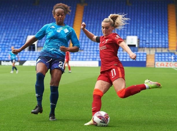 Melissa Lawley of Liverpool FC Women and Atlanta Primus of London City Lionesses in action during the Barclays FA Women's Championship match between...
