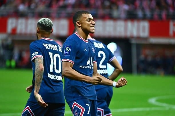 Kylian MBAPPE of PSG celebrates a goal during the Ligue 1 Uber Eats match between Reims and Paris Saint Germain at Stade Auguste Delaune on August...
