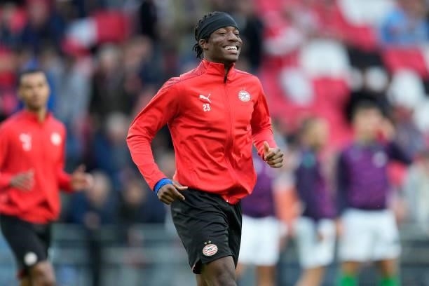 Noni Madueke of PSV during the warming up during the Dutch Eredivisie match between PSV v FC Groningen at the Philips Stadium on August 28, 2021 in...