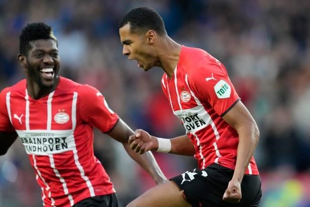 Cody Gakpo of PSV celebrates 1-0 with Ibrahim Sangare of PSV during the Dutch Eredivisie match between PSV v FC Groningen at the Philips Stadium on...